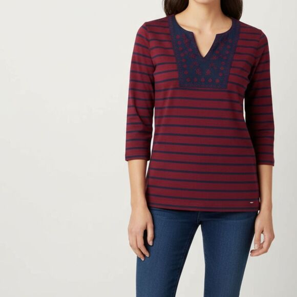 Tommy Hilfiger Womens Top Embroidered 3/4 Length Sleeve Maroon Blue Size Small - Picture 1 of 5